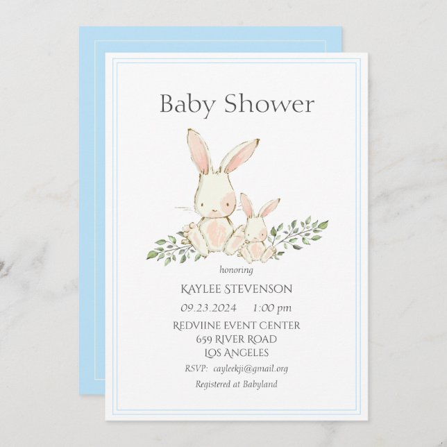Lapin Lapin Blue Modern Baby shower Invitation (Devant / Derrière)
