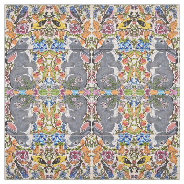 Lapin Lapin, Fleurs Oiseaux Tissu Design Carrelé (Échantillon)
