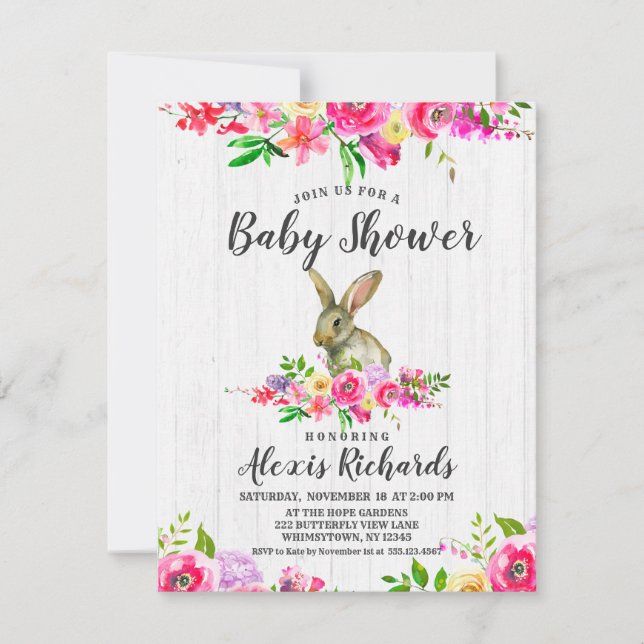 Lapin Lapin Floral Baby Girl Douche Invitation (Devant)