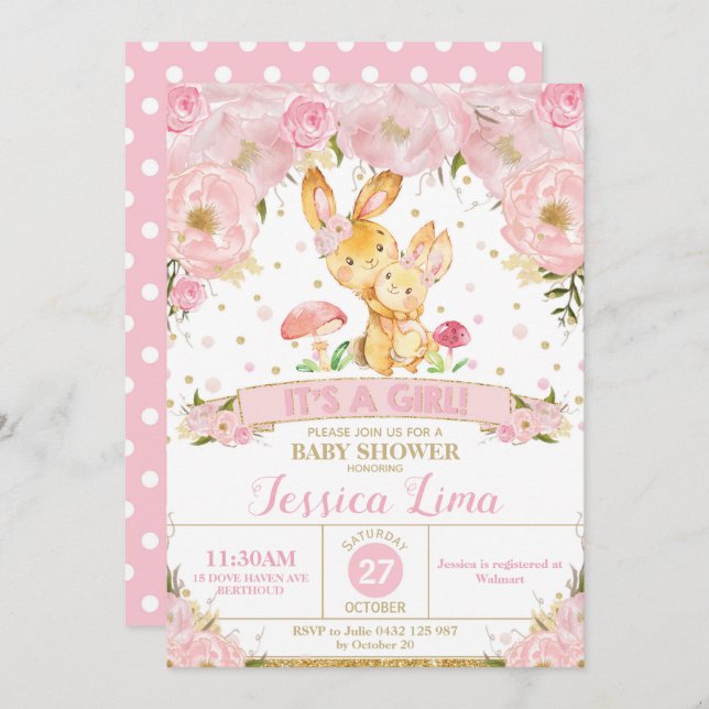 Lapin Lapin Floral Baby shower Invitation Girl (Devant / Derrière)
