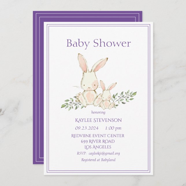 Lapin Lapin Purple Moderne Baby shower Invitation (Devant / Derrière)