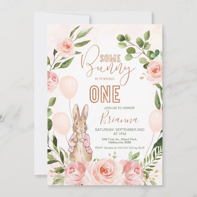 Lapin Lapin Rose Floral 1er Invitation Anniversair (Devant)