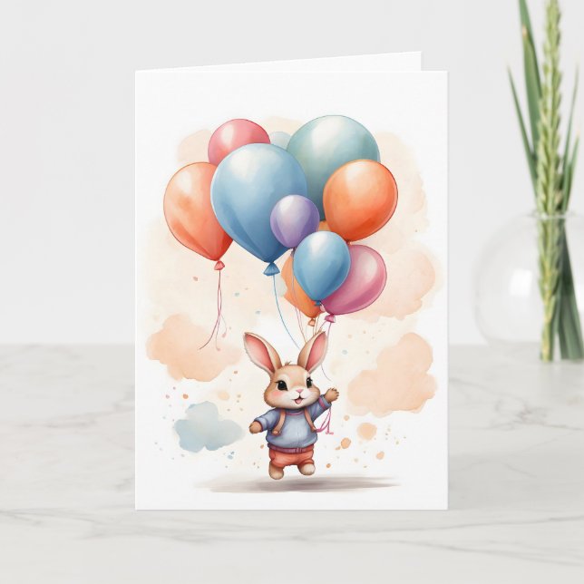 Lapin Mignon avec Ballons Aquarelle Carte de Vœux  (Devant)