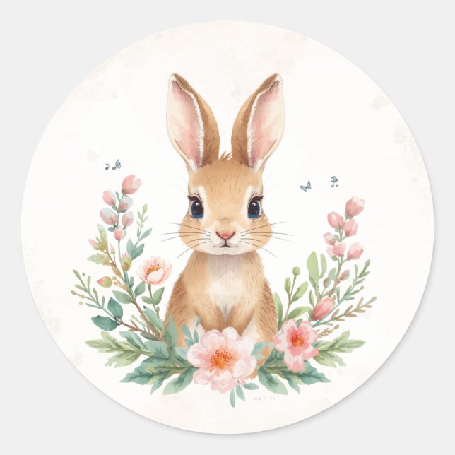 Lapin Mignon avec Fleurs Autocollant Rond | Printe (Devant)