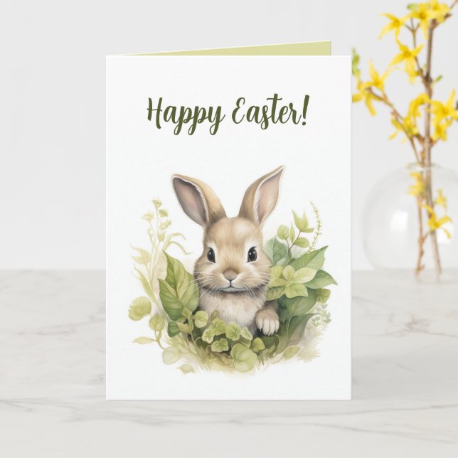 Lapin modifiable et carte de Pâques avec feuilles (Fleur jaune)