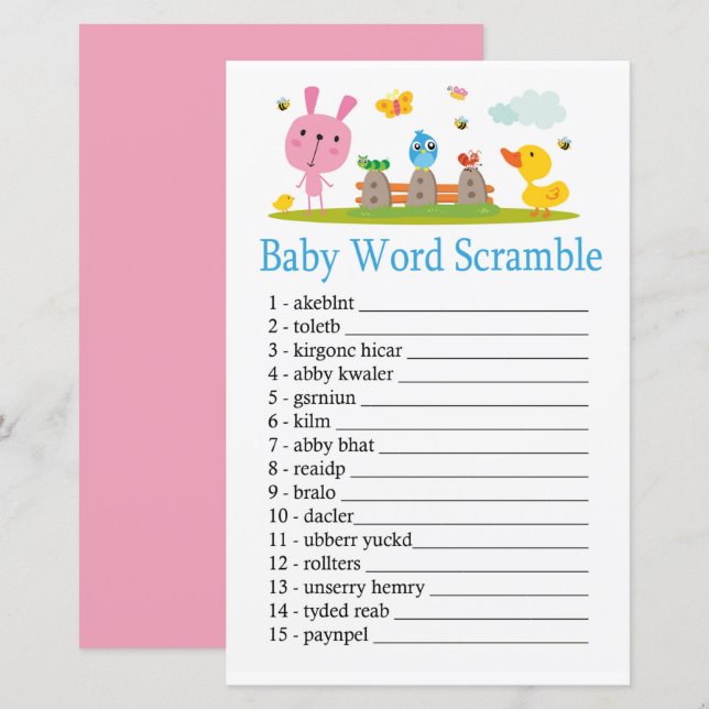 Lapin rose amusant Baby mot scramble jeu (Devant / Derrière)