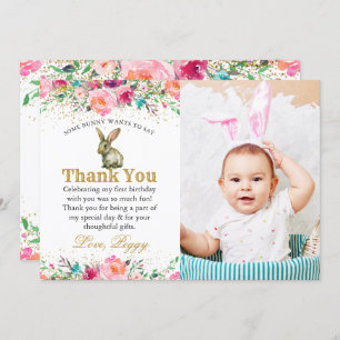 Lapin rose Floral Anniversaire Photo Carte de reme