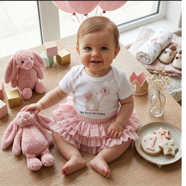 Lapin Rose Mon Premier Anniversaire Body Bébé | Mi (Créateur téléchargé)