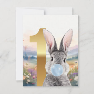 Lapin soufflant un bubble gum bleu Premier anniver