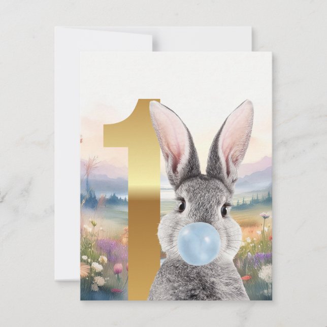 Lapin soufflant un bubble gum bleu Premier anniver (Devant)