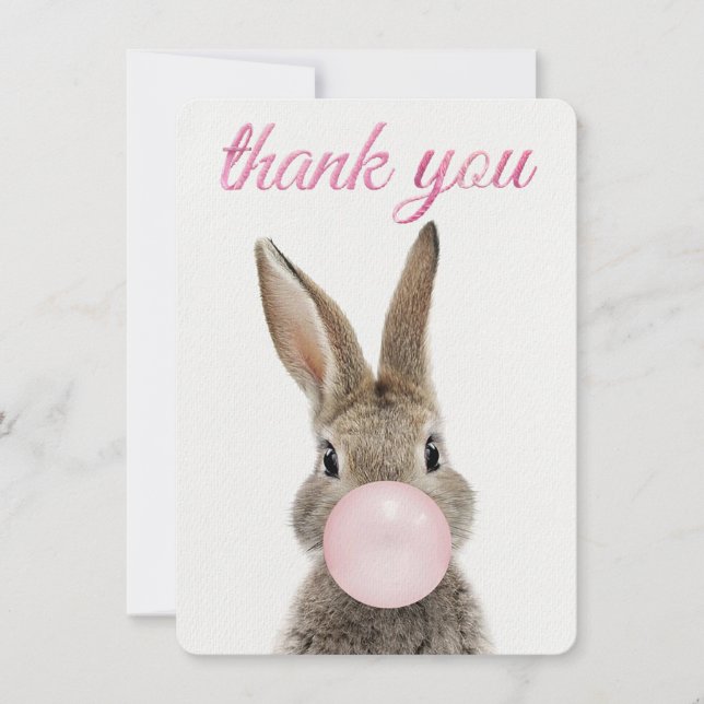 Lapin soufflant un bubble gum rose Merci (Devant)