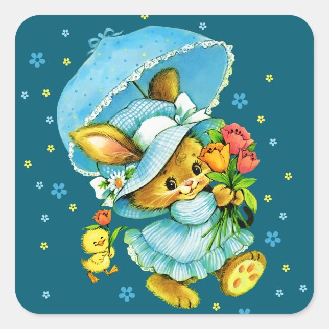 Lapin vintage de Pâques et poussin. Autocollants c (Devant)