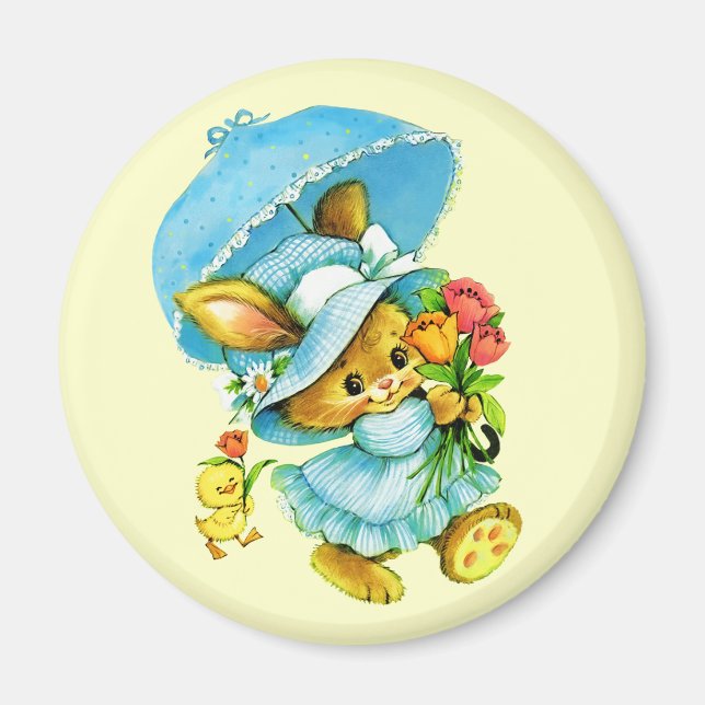 Lapin vintage de Pâques et poussin. Magnets cadeau (Devant)