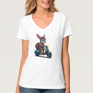 Lapin Vintage sur Scooter – T-Shirt à col en V pou