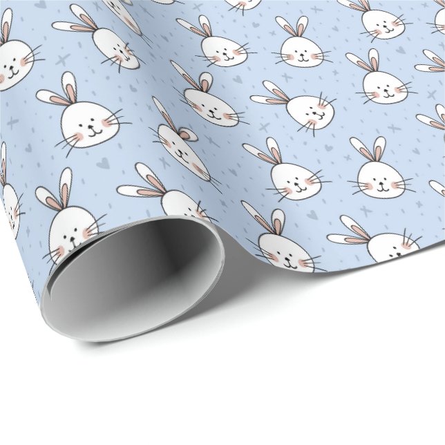 Lapins blancs sur papier cadeau bleu pour Pâques (Coin rond)