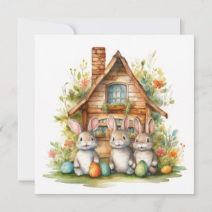 Lapins de Pâques avec maison en bois et œufs color