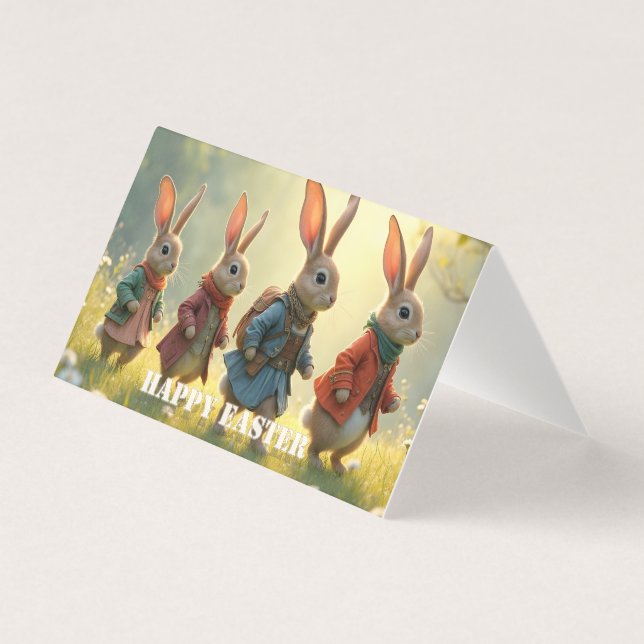 Lapins de Pâques mignons marchant dans une prairie (Front)