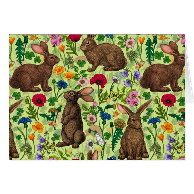 Lapins et fleurs sauvages sur le vert miel (Devant horizontal)