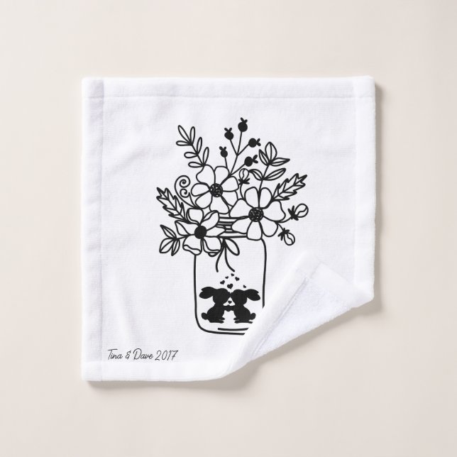 Lapins floraux noirs et blancs lave linge (Gant de toilette)