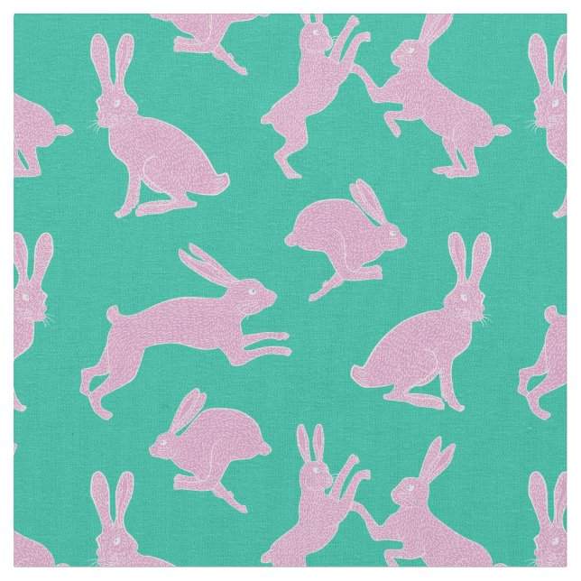 Lapins roses mignons sur le tissu vert d'arrière - (Fermer)