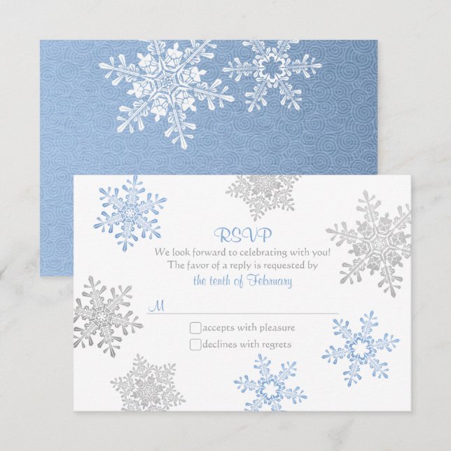 Lapis Blue Silver Snowflake Hiver Mariage RSVP (Devant / Derrière)