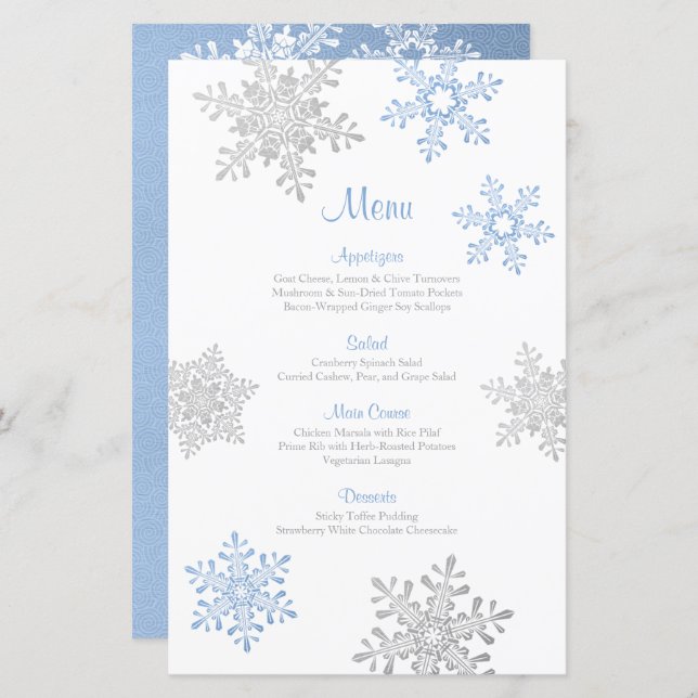 Lapis Blue Silver Snowflake Winter Wedding Menu (Devant / Derrière)