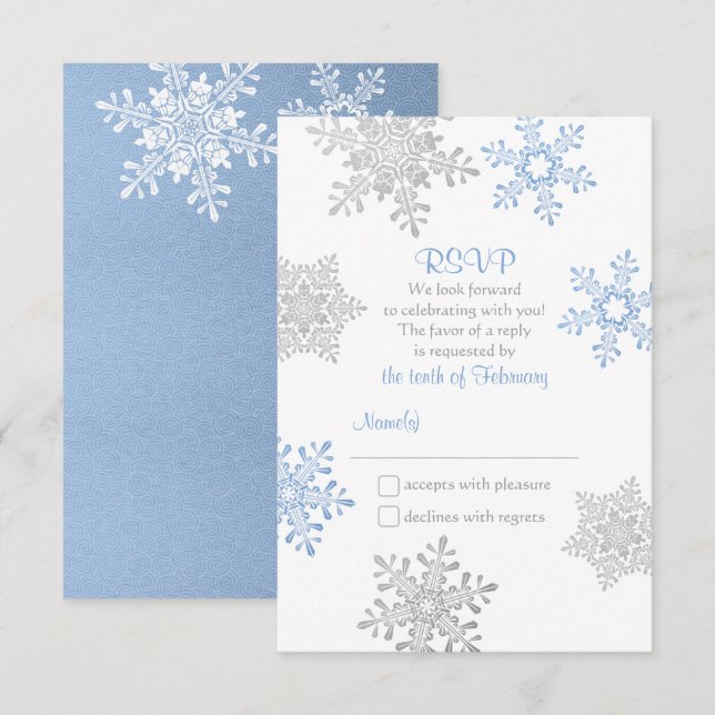Lapis Blue Silver Winter Snowflake Wedding RSVP (Devant / Derrière)