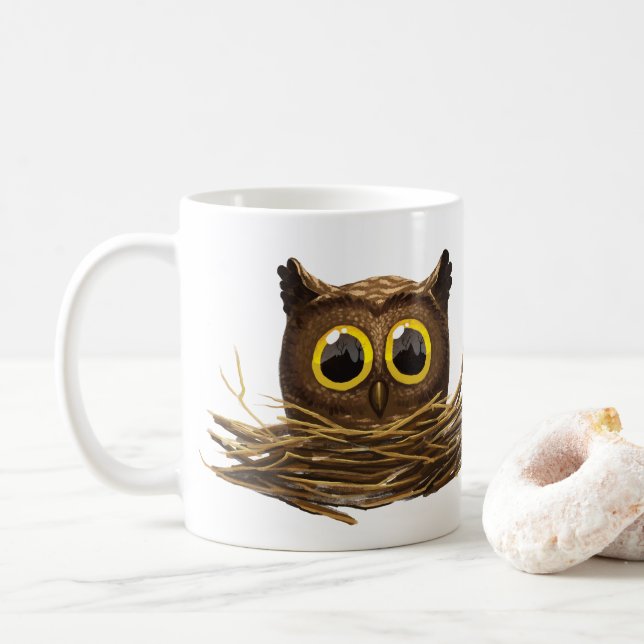 Large Eyed Owl Je suis Awake Mug (Avec donut)