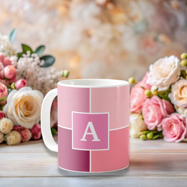 Large rose féminine rayures Monogramme café Mug (Créateur téléchargé)