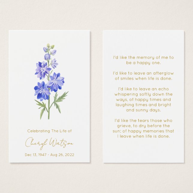 Larkspur | Carte de prière simple de souvenir (Devant & derrière)