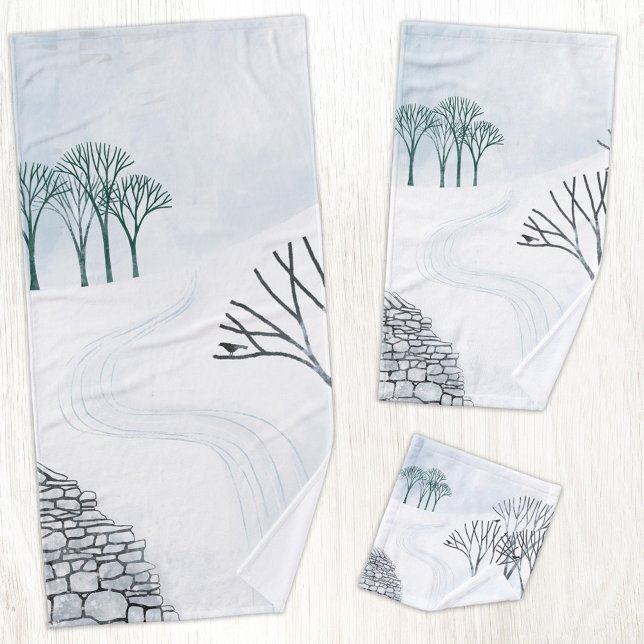 L'Art Paysager De Neige D'Hiver (Winter landscape art with trees birds and dry stone wall art bathroom towel set)