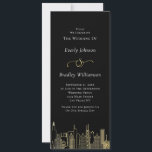 Las Vegas Black Gold White Skyline Wedding Program<br><div class="desc">Ce programme présente l'horizon de Las Vegas en or sur un arrière - plan noir. Cet élégant est si classe ... L'autre côté montre les détails de votre cérémonie et de votre fête de mariage. Tous les champs peuvent être customisés à vos spécifications</div>