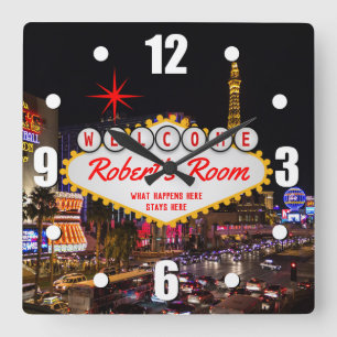 Las Vegas Style Nuit Votre Texte Carré Horloge Mur
