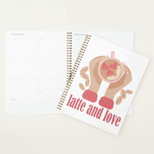 Latte et coupe d'amour, mains et citation de café