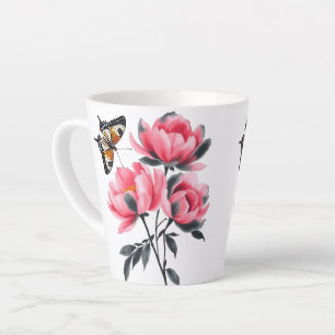 Latte Mug - Fleurs de pivoines, Papillon