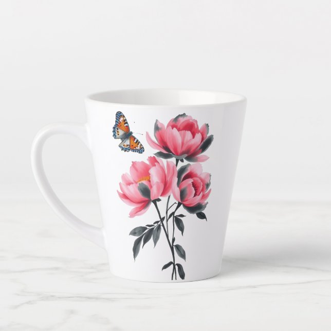 Latte Mug - Fleurs de pivoines roses, Papillon (Gauche)