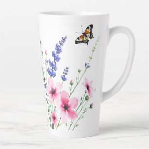 Latte Mug - Lavande et Fleurs roses, Papillons