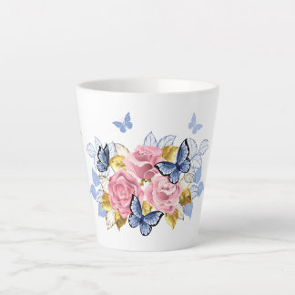 Latte Rose Roses & papillons bleus - Tasse élégante