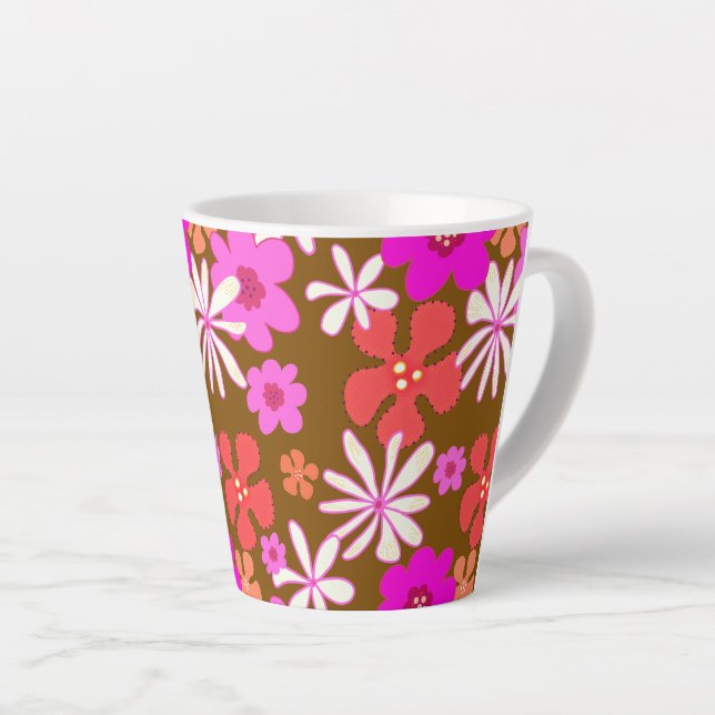 Latte Tasse illustrée de fleurs rétro rose et orange (Angle droit)