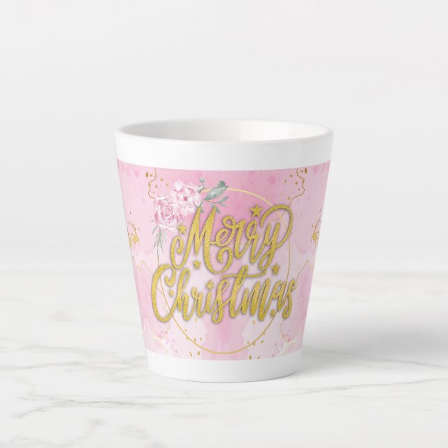 Latte Tasse Joyeux Noël - Design Or et Rose (Devant)