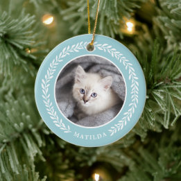 Laurel Wreath Pet Photo Ornement de Noël | Bleu
