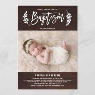Laurel Wreath Rustic Wood Photo Baptême Invitation