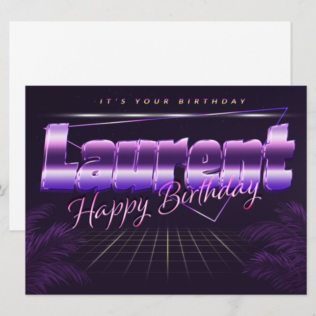 Laurent Nom Prénom carte anniversaire rétro lilas (Devant / Derrière)
