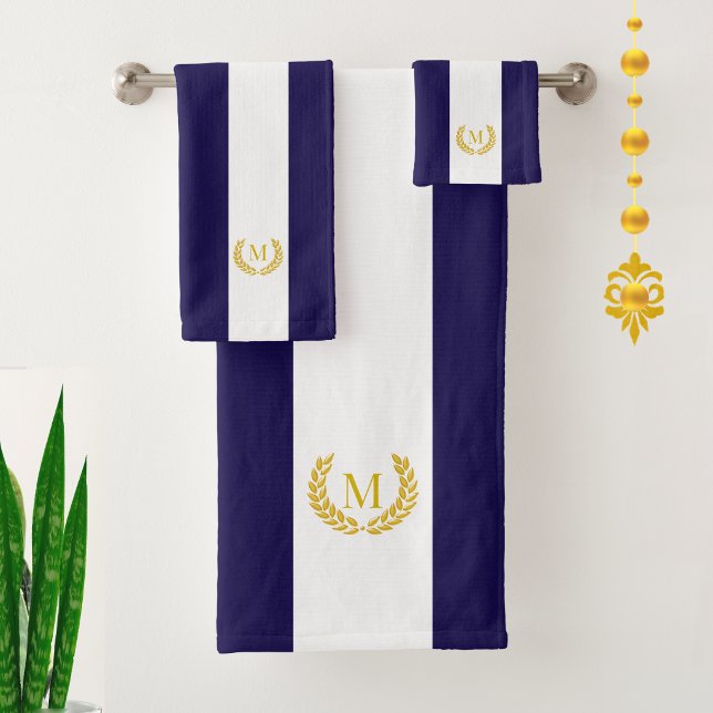 Laurier doré et monogramme sur fond rayé bleu et b (Créateur téléchargé)