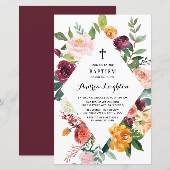 L'automne fleurit Cadre Floral Baptême Invitation (Devant / Derrière)