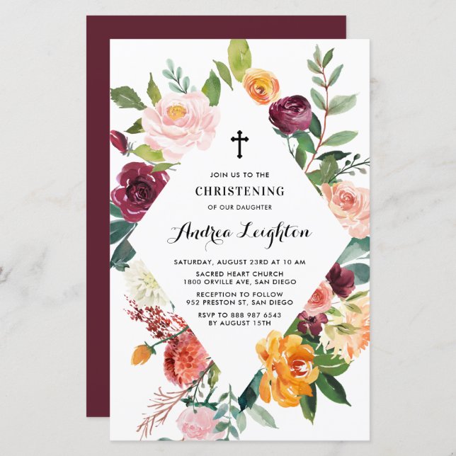 L'automne fleurit Cadre Floral Christening Invitat (Devant / Derrière)