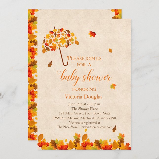 L'automne quitte Umbrella Baby shower Invitation (Devant / Derrière)
