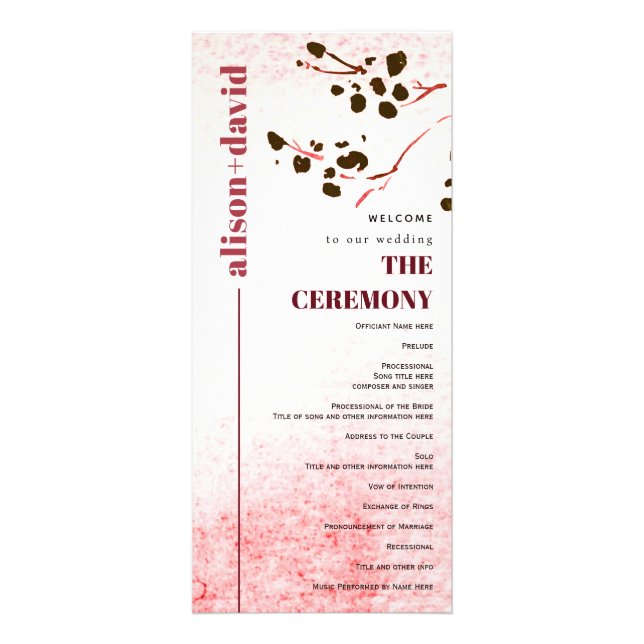 Lavage d'aquarelle et branche programme de mariage (Devant)