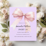 Lavande arc rose Sweet 16 invitation<br><div class="desc">Arrière - plan de lavande douce,  violette,  décorée d'un grand arc rose. Personnalisez et ajoutez un nom et des détails du parti. 1 feuille = 1 invite imprimé bord à bord.</div>