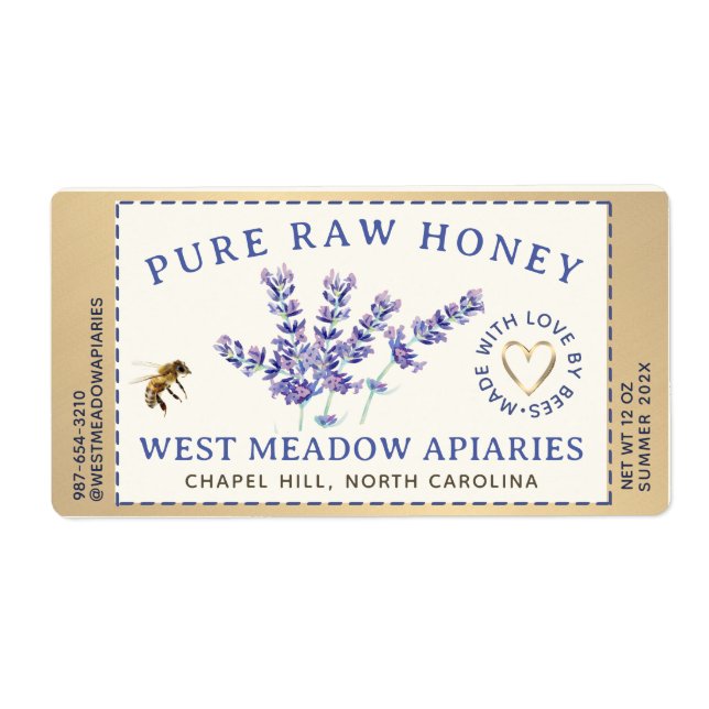 Lavande et abeilles Miel Étiquette Dashed (Devant)